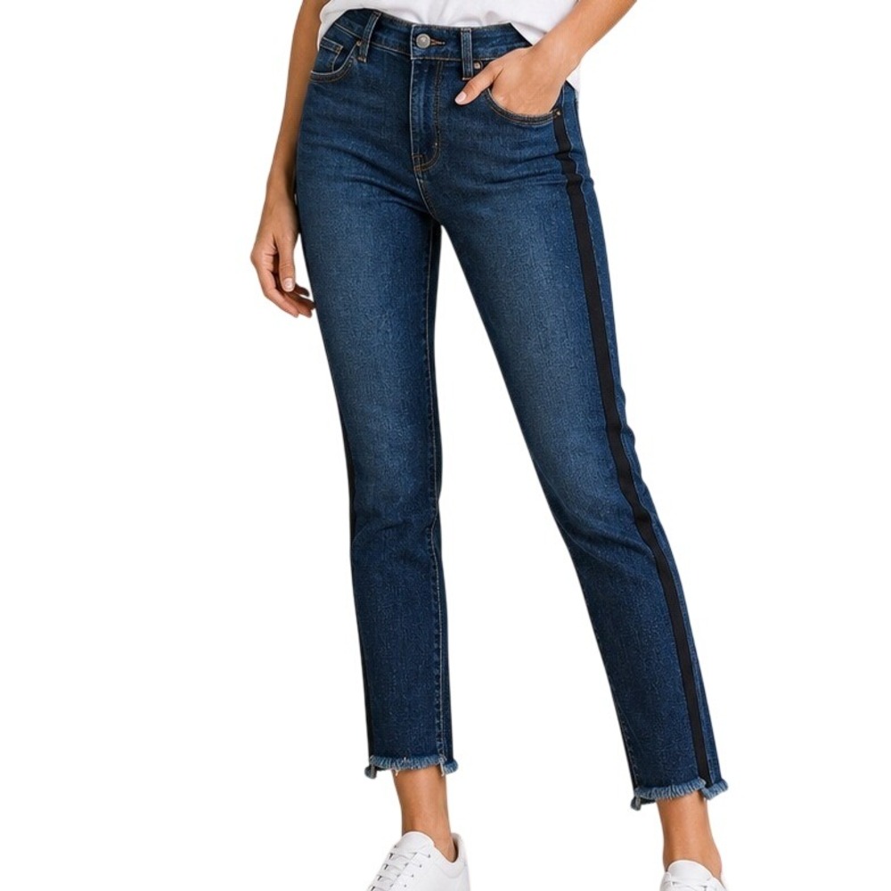 Mother Stunner Ankle Step Fray Jeans Dark Wash Blue 26x25 Black Racer Stripe